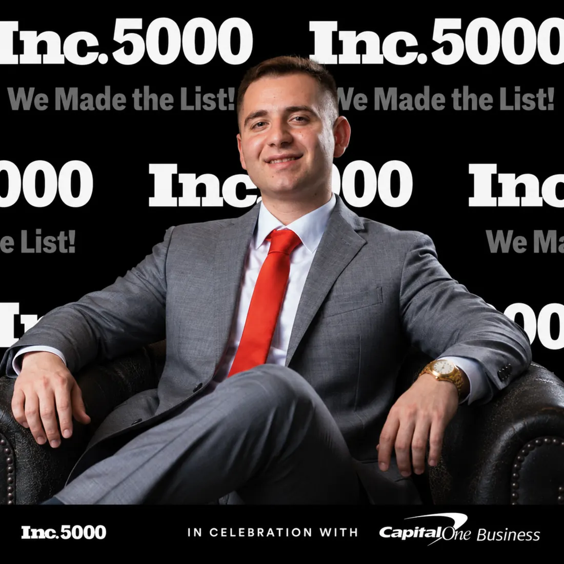 Frankie DiAntonio, Founder and CEO of Lexington Capital Holdings, in front of the Inc. 5000 backdrop